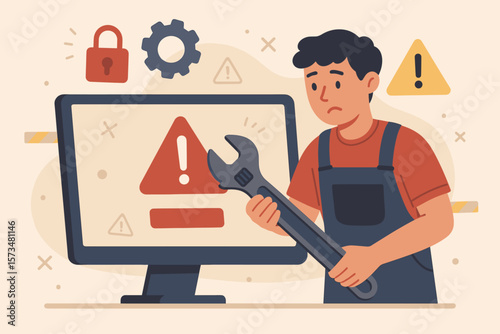Computer system error warning, software problem, security alert or hardware failure maintenance concept. Technician holding wrench fixing caution issue, troubleshooting, repair