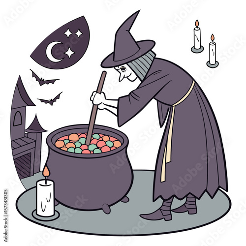 A witch stirring a cauldron filled with colorful balls next to candles and bats under a crescent moon night