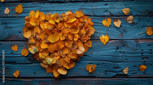 Heart-shape of golden leaves on textured blue wooden planks, some scattered around