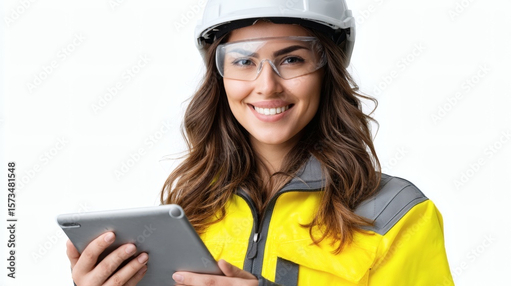 Woman engineer using tablet safety equipment Woman engineer using tablet safety equipment