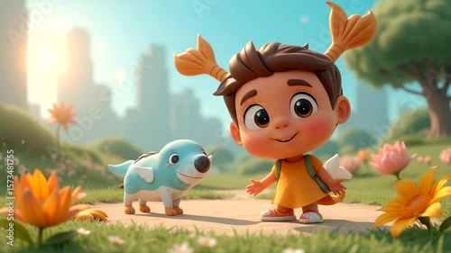 Animated boy & dog, sunny park scenery, city background
