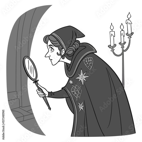 Woman in hooded cloak looking in hand mirror near archway and candelabra with lit candles stands nearby