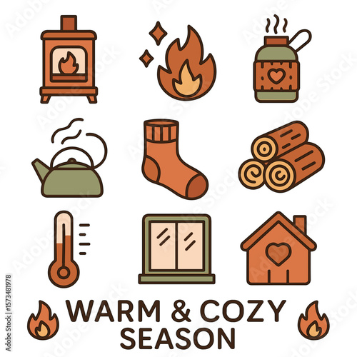 Warm and cozy season illustration featuring home, fire elements, and decor  