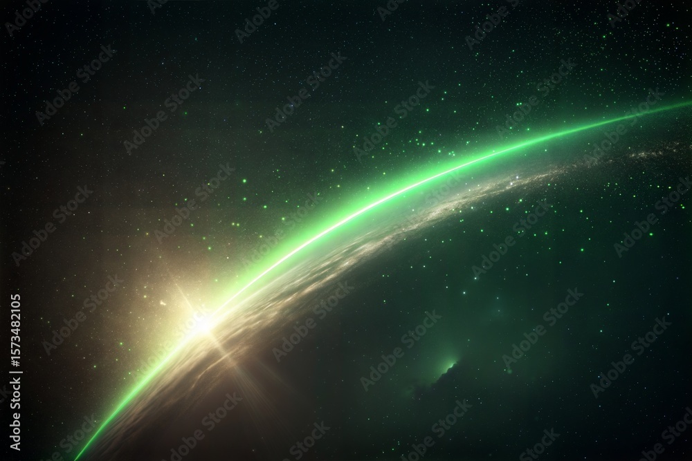 Fototapeta premium Photo of a luminous green arc of light curves through the vast expanse of space, highlighting distant galaxies and shimmering stars