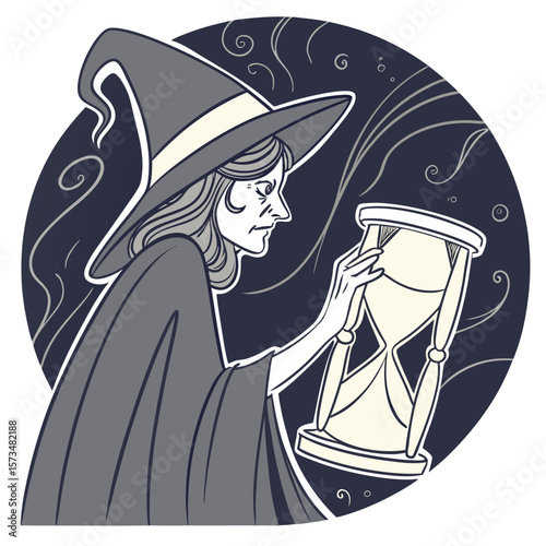 Illustration of a witch in a hat and cloak holding an hourglass against a dark blue circular background