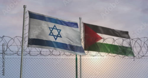 Israel and Palestine waving flags on country border concept. Gaza Strip blowing banner with barbed wire fence.