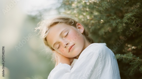Dreamy girl resting with closed eyes in sunlit green forest