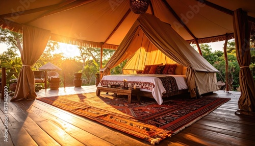 Luxurious glamping tent at sunrise