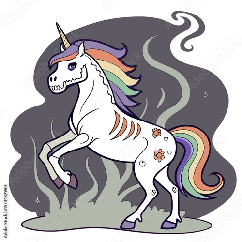 Stylized unicorn with skeletal features and rainbow mane standing against a smoky gray background design