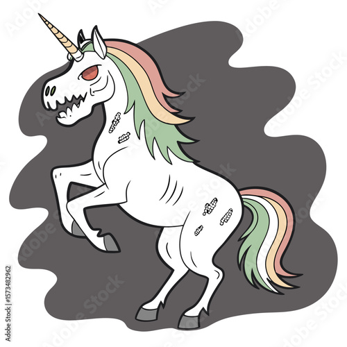 Illustration of a rearing zombie unicorn with rainbow mane and tail against a grey background design