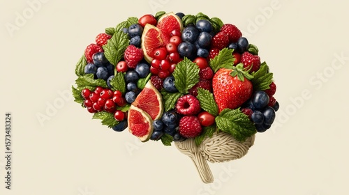 Healthy brain concept represented by a delicious assortment of vibrant fruits, leaves, and textured base.