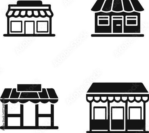 Vector art of different storefronts silhouette on isolated background.