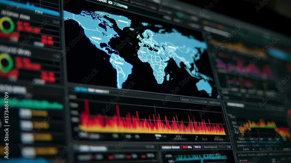Displaying multiple colorful data charts and diagrams alongside a world ...