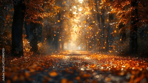 Sunlit path through autumn trees, falling leaves on ground, soft focus