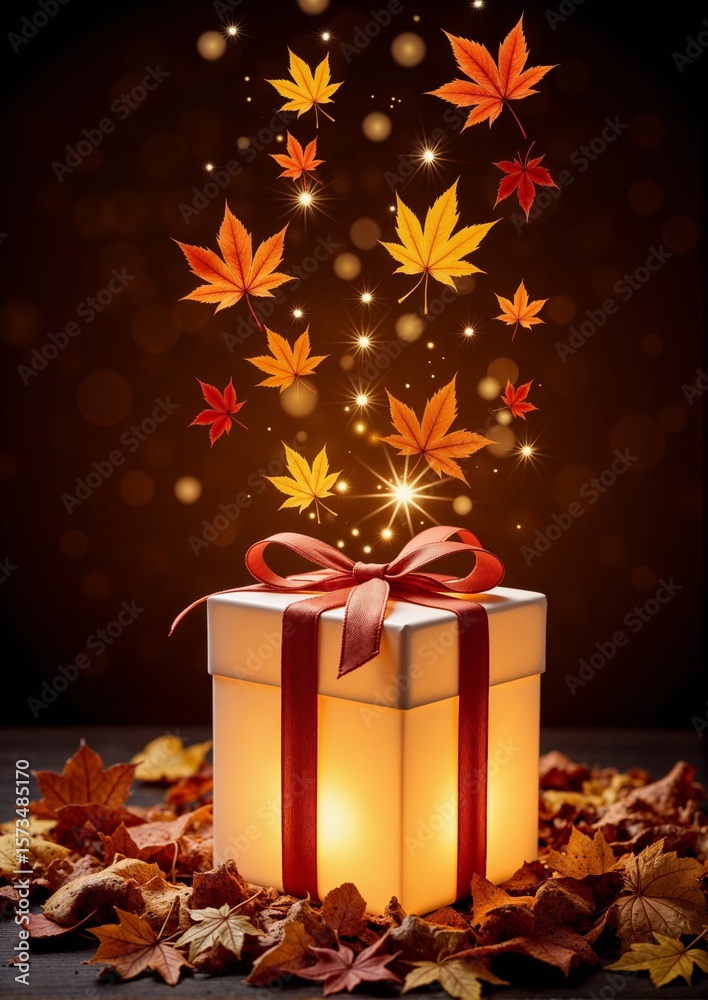Fototapeta premium Thanksgiving A4 Gift box surrounded by autumn leaves with glowing sparks above 
