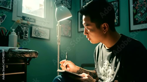 Asian artist drawing in studio, tattoo designs on wall, illuminated