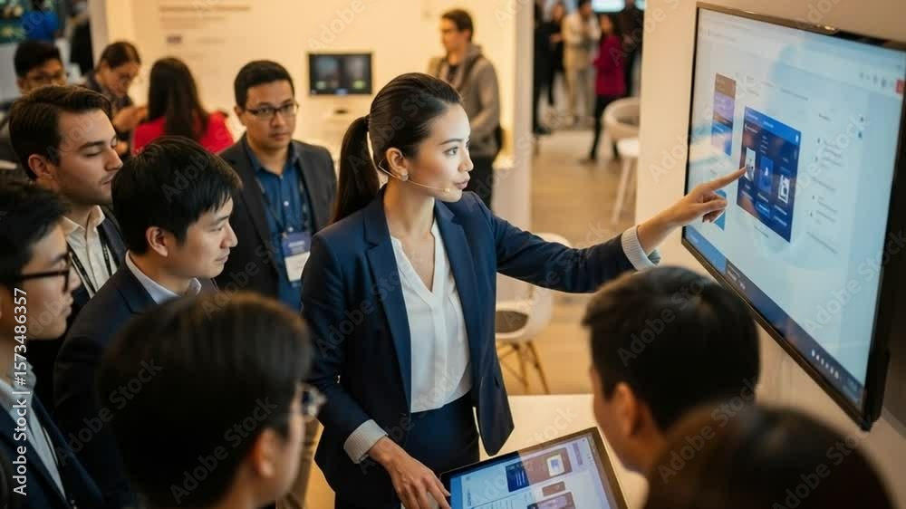 woman giving tech demo at innovation booth during summit
