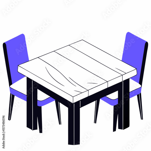 Minimal wooden table with blue and white chairs