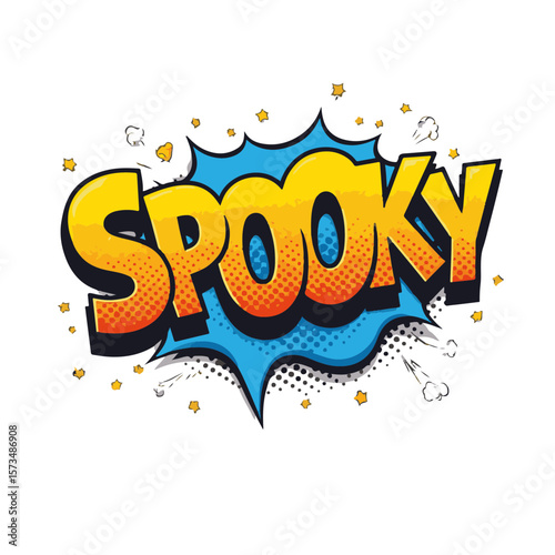 Vibrant pop art illustration of the word "Spooky" in bold colors and dynamic shapes, isolated on white, Halloween concept.