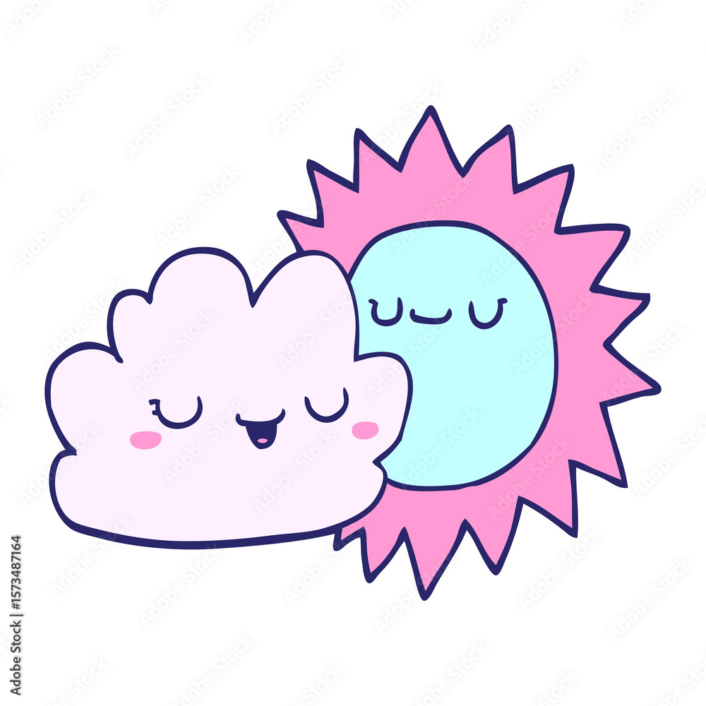 Fototapeta premium cartoon sun and cloud in bright neon color