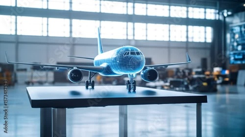Aircraft design model, wireframe style, on table. Tech screen behind