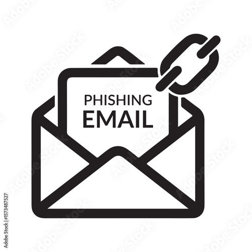 Black envelope with phishing email text and chain link scam cyber security