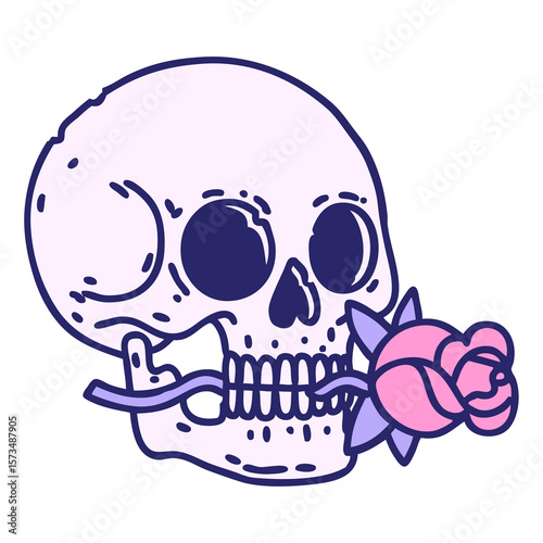 iconic tattoo style image of a skull and rose in bright neon color