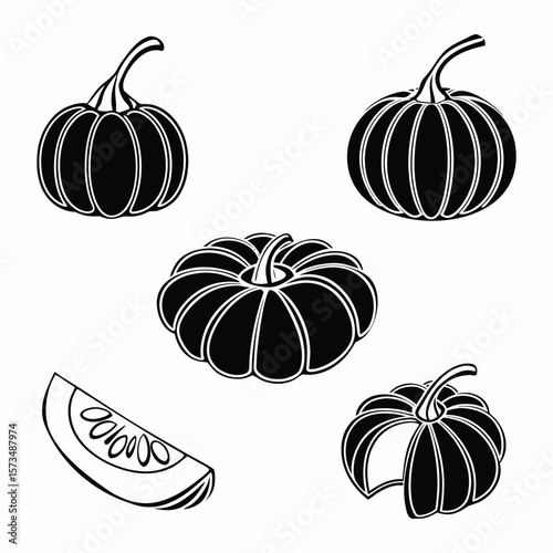 Pumpkin Silhouette Bundle 5 Uncarved Solid Black Pumpkins Vector Set Minimal Halloween Fall Clipart EPS SVG PNG for Cricut and Printables