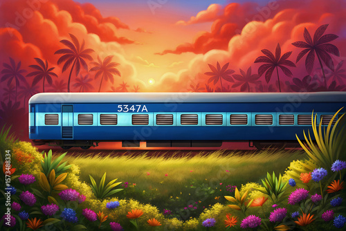 A beautifully illustrated scenic vector artwork of an Indian railway train crossing through vibrant tropical landscape at sunset with floral details