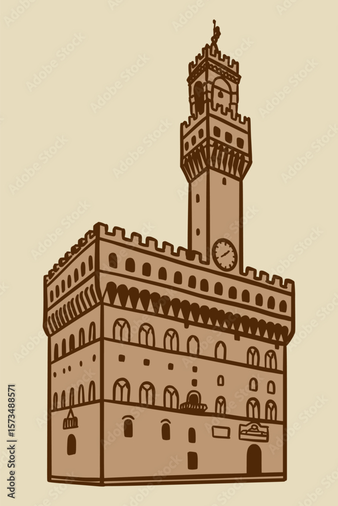 Obraz premium Line art drawing of Palazzo Vecchio in Florence, Italy, architecture tourism landmark, travel destination illustration