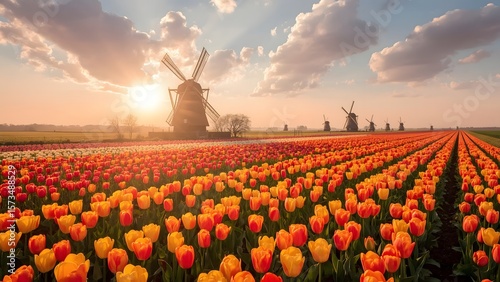 Colorful Tulip Field with Windmills at Sunset in the Netherlands