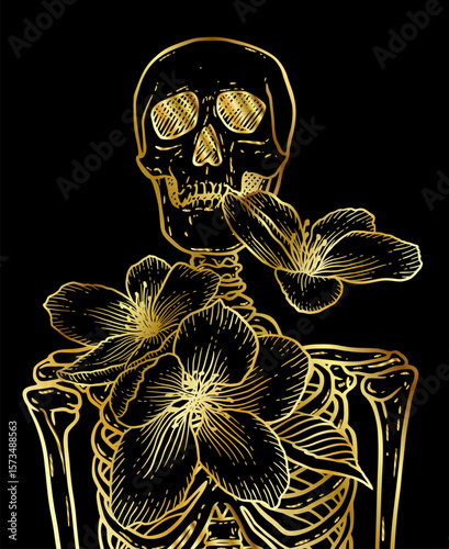 Golden human skeleton with flowers over black background, front view. Hand drawn vector drawing. Gothic style illustration print design