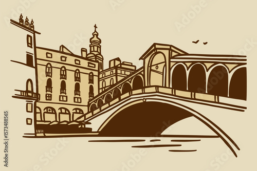 Line art drawing of Rialto Bridge in Venice, Italy, architecture tourism landmark, travel destination illustration