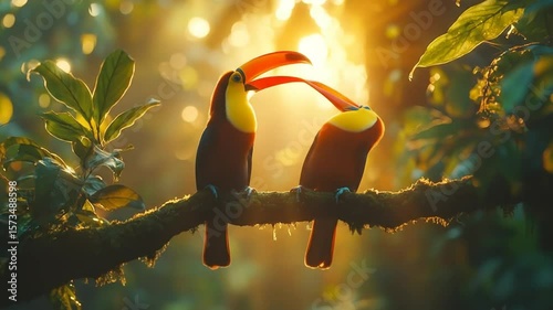 Two Toucans Perched on Branch with Beaks Touching in Golden Sunlight