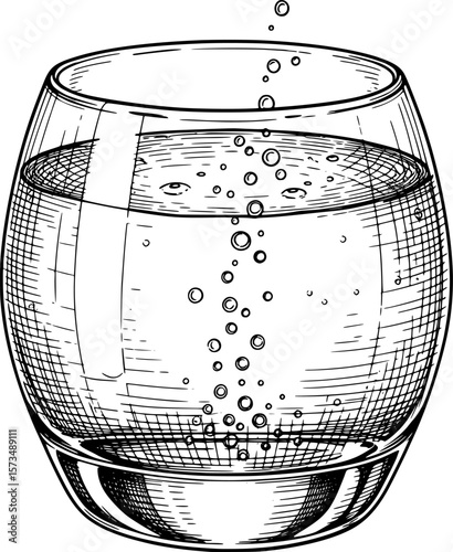 Short round glass with fizzy soda and bubbles, refreshment icon with hand-drawn style