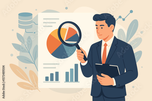 Businessman using a magnifying glass for data analysis and financial research. Business analytics concept with charts, graphs, and database report for predictive visualization.