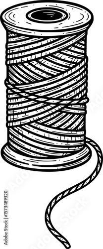 Spool of twine with loose end, rustic craft icon with hand-drawn style