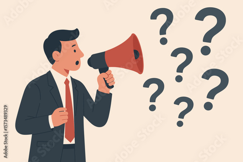 Businessman with megaphone asking questions. Concept of problem-solving, seeking answers and solutions. Q&A, FAQ, and customer support vector illustration. Communication.