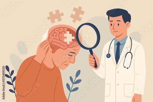 Concept of amnesia, memory loss, dementia. Doctor with magnifying glass examines patient's brain puzzle. Metaphor for Alzheimer's disease, mental illness, psychology.