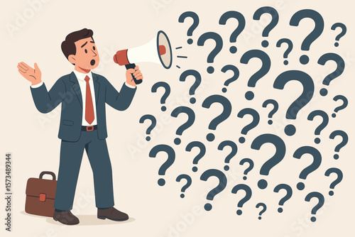 Businessman with megaphone asking questions. Concept of problem solving, curiosity and seeking answers. Request for explanation to solve an issue. FAQ, customer support.