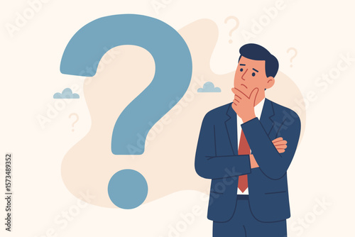Big question mark. Businessman thinking and solving a big problem. Concept for finding a solution, doubt, uncertainty, and making a difficult decision or choice. Man in suit.
