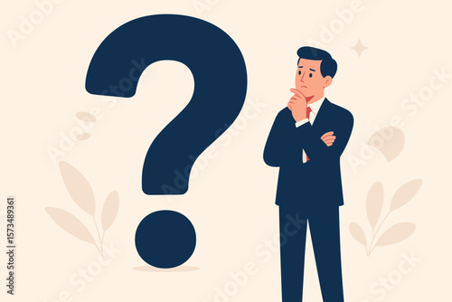 Businessman thinking with big question mark. Problem solving and decision making concept. Finding a solution to a difficult question. Doubt, uncertainty and confusion metaphor.