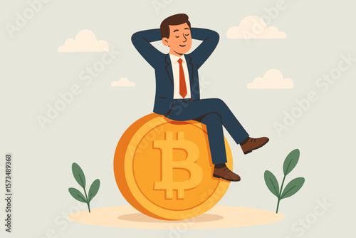 Bitcoin hodl concept. Calm businessman investor sits on a crypto coin for long term investment. Cryptocurrency success, financial freedom, and wealth accumulation metaphor.