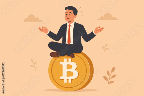 Bitcoin hodl concept. Crypto currency long term investment metaphor. Calm businessman meditating on a giant coin. Financial independence, success and belief in blockchain.