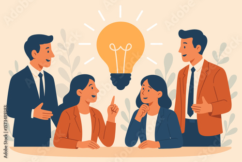 Brainstorming idea concept. Team meeting for business solution. Teamwork and collaboration for success. Creative colleagues discussion with lightbulb for inspiration.