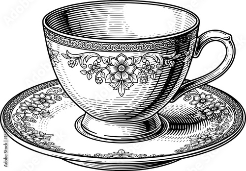Ceramic teacup and saucer with floral rim, vintage set with hand-drawn style
