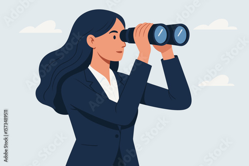 Businesswoman with binoculars. Searching for new job or opportunity. Vision or looking far ahead for future opportunity. Observe for career success. Business vision concept.