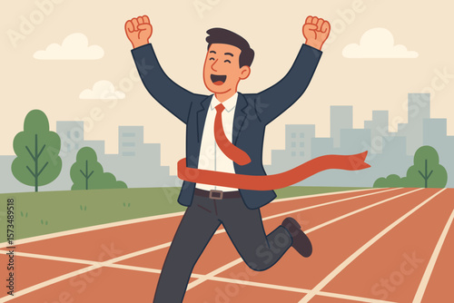 Businessman winning race. Celebrate victory at finish line. Business success. Achievement concept. Skill and effort to succeed in work. Motivation to win competition. Leader.