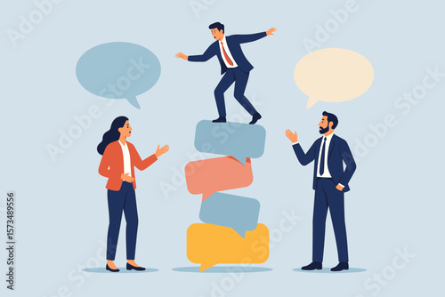 Communication for success. Teamwork meeting, discussion and debate to get solution. Businessman balancing on speech bubbles. Opinion and message sharing concept metaphor vector.