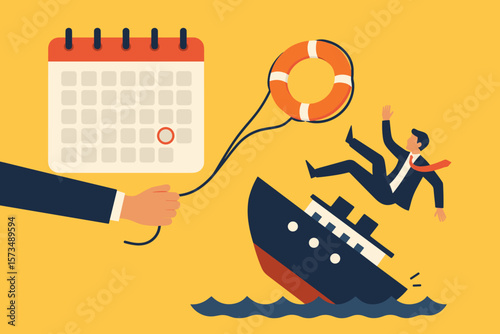 Business rescue plan concept. Hand with calendar saving a businessman from a sinking ship. Metaphor for deadline, project planning, strategy, support, and crisis management.